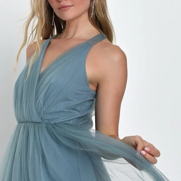 NWT Elegant Ambiance Slate Blue Tulle A-Line Midi Dress XL - Picture 3 of 7